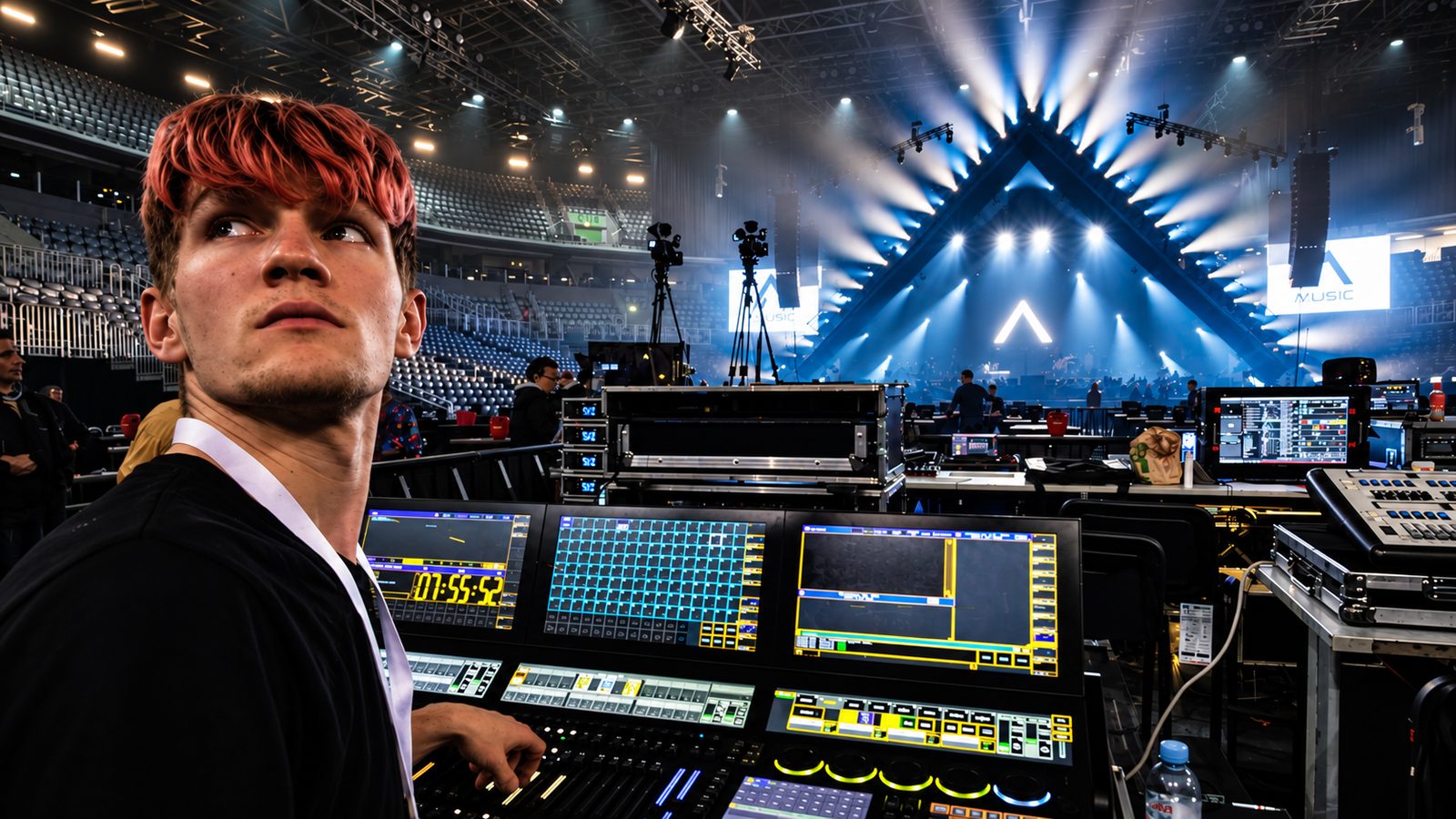 Techniker am Lichtpult in einer Arena, im Hintergrund die blau beleuchtete Bühne und leere Tribünen
