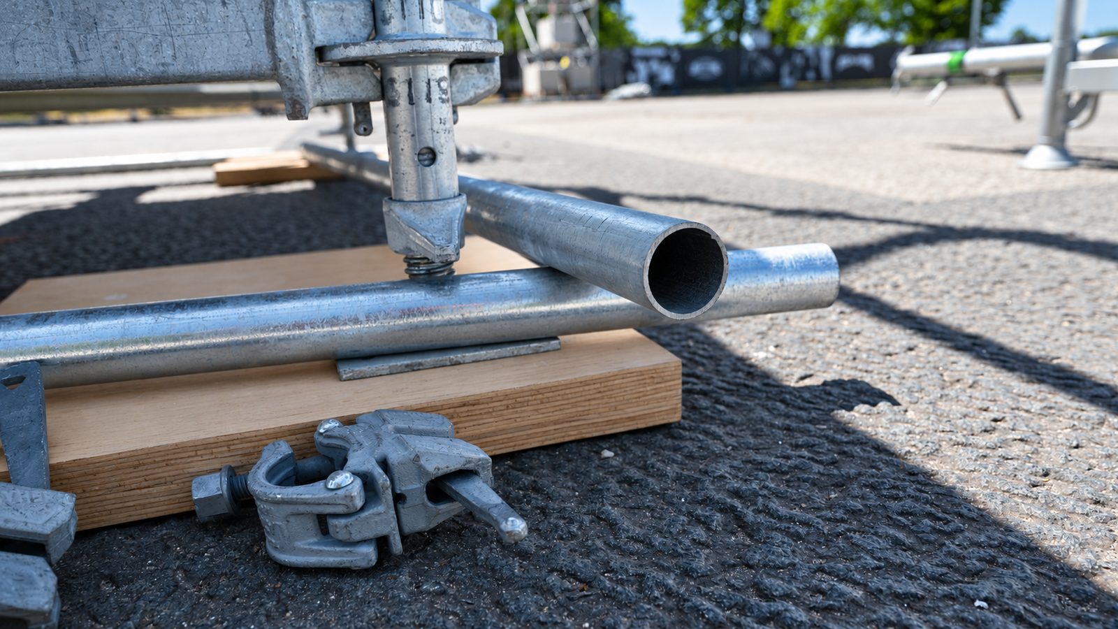 Verzinkter Gerüst-Spindelfuß auf einer Sperrholzbohle auf Asphalt, daneben Stahlrohre und eine Kupplung