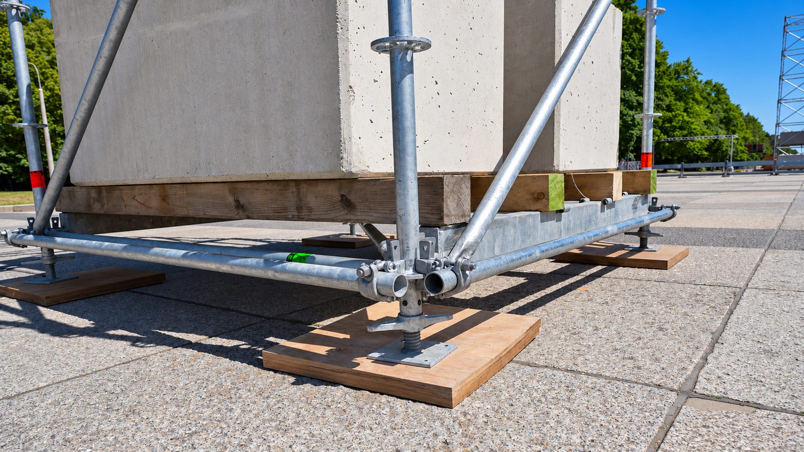 Punktlast verteilt: Spindelfüße auf Sperrholzplatten und ein Betonfertigteil auf Kanthölzern auf Betonplattenboden