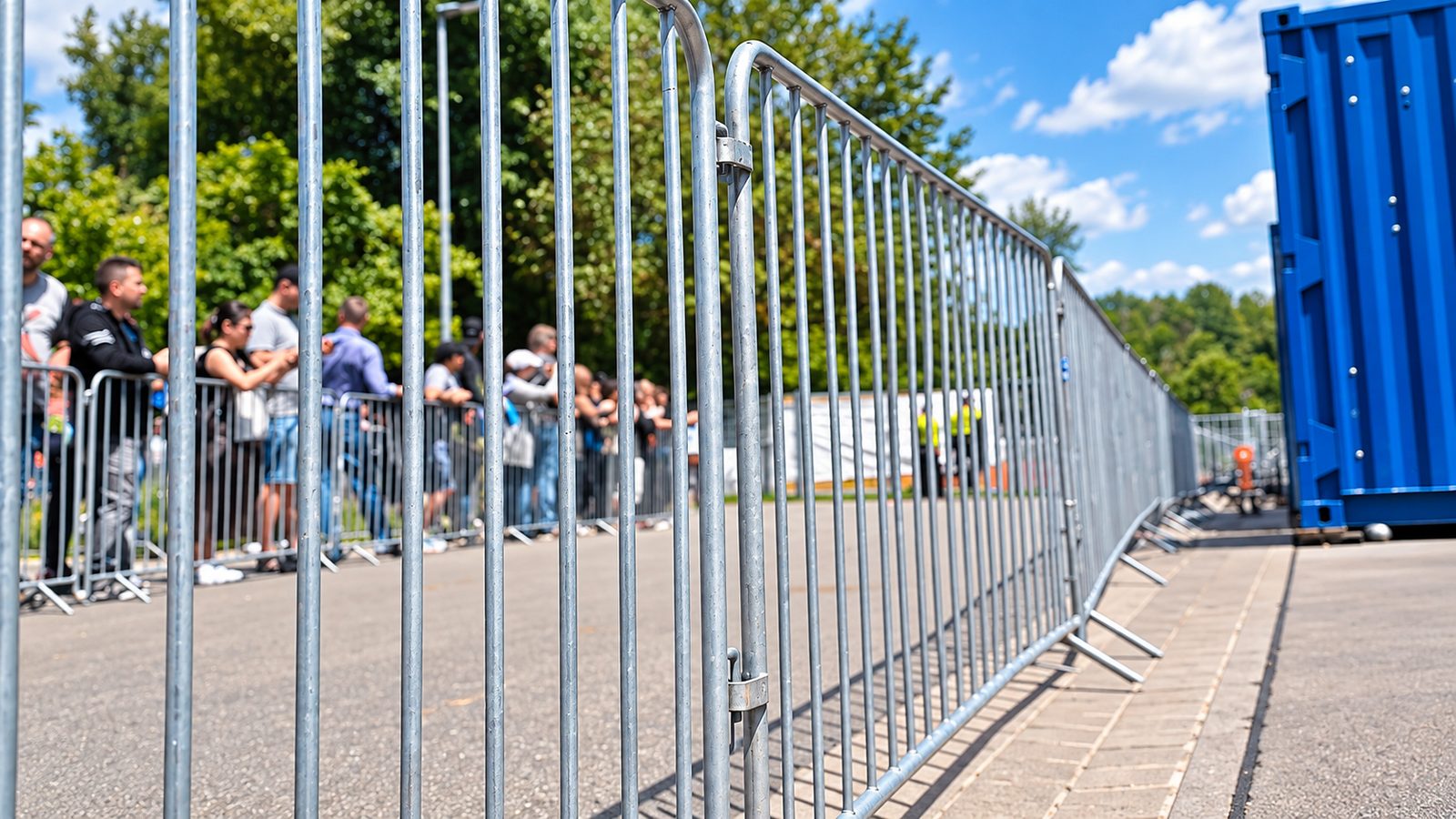 Reihe verzinkter Absperrgitter, dahinter eine wartende Besucherschlange