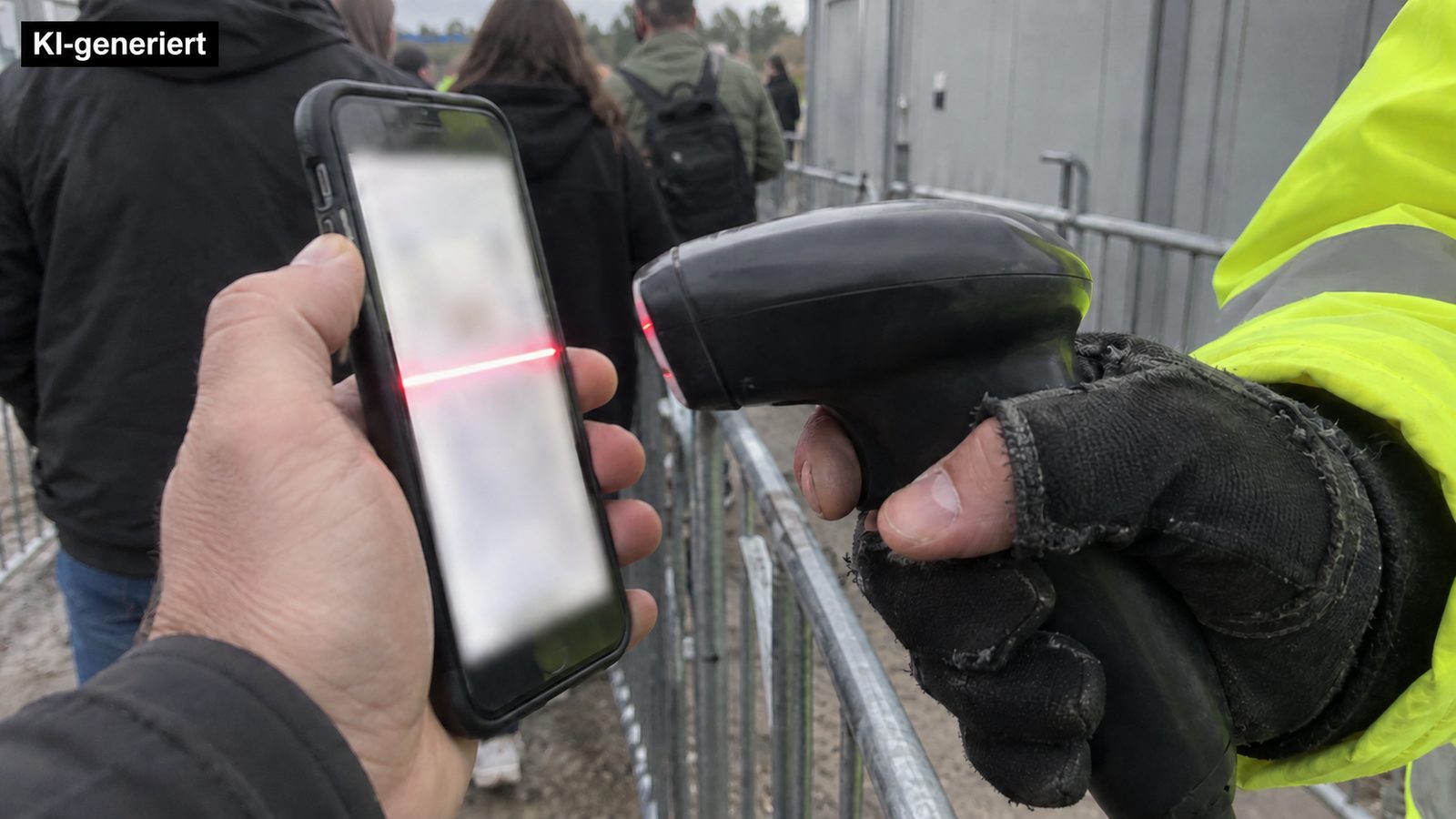Ordner in neongelber Warnjacke scannt mit einem Handscanner ein Handyticket an der Absperrung