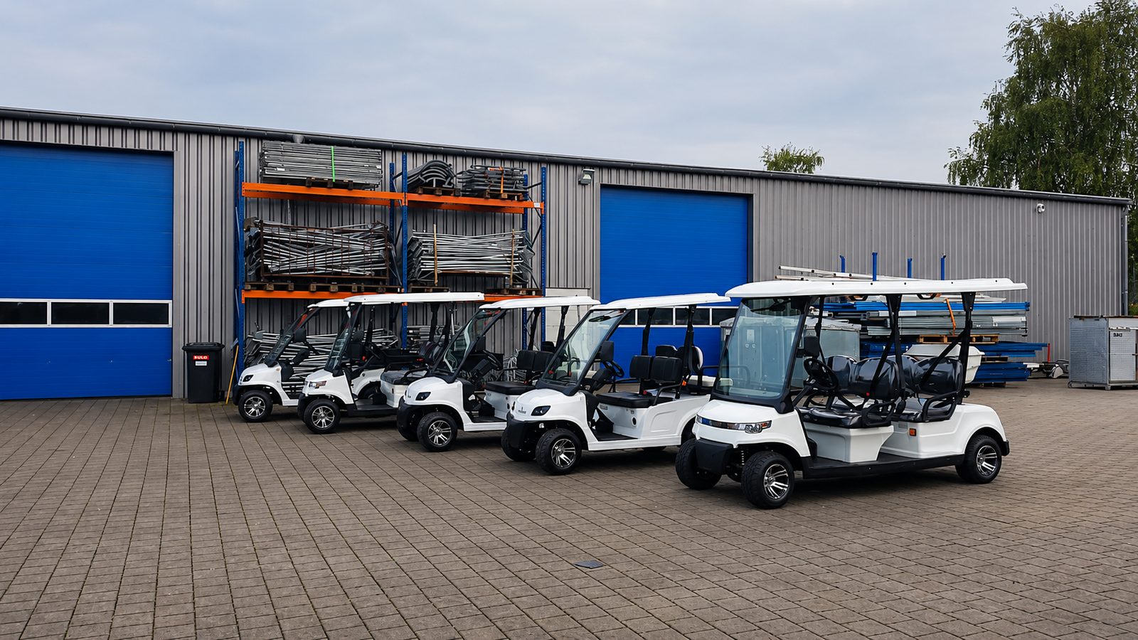 Fünf weiße Elektro-Carts vor einer Lagerhalle mit Regalen voller Absperrgitter und Rohrmaterial