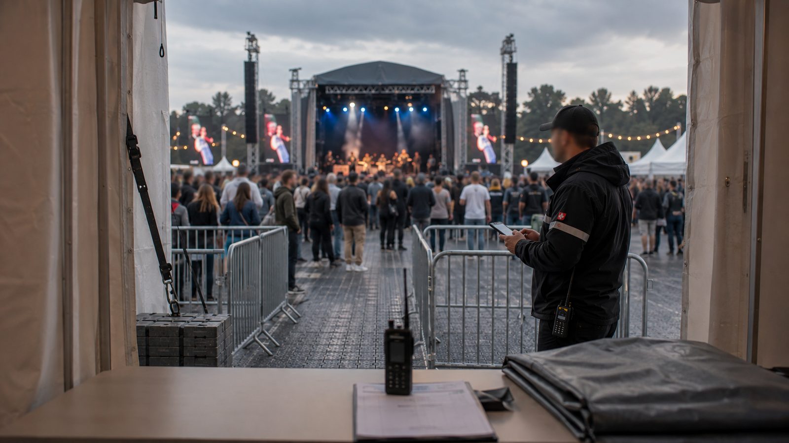 Mitarbeiter mit Funkgerät beobachtet vom Zelt aus Bühne und Publikum unter bedecktem Himmel