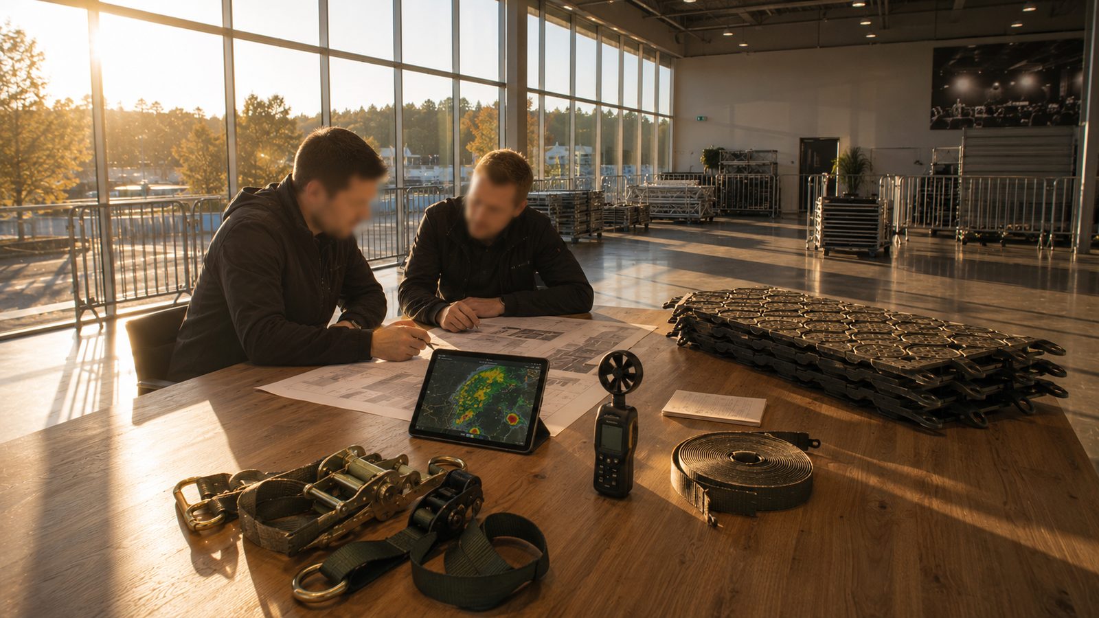Handanemometer, Tablet mit Niederschlagsradar und Spanngurte auf einem Tisch, dahinter zwei Planer bei der Vorbereitung