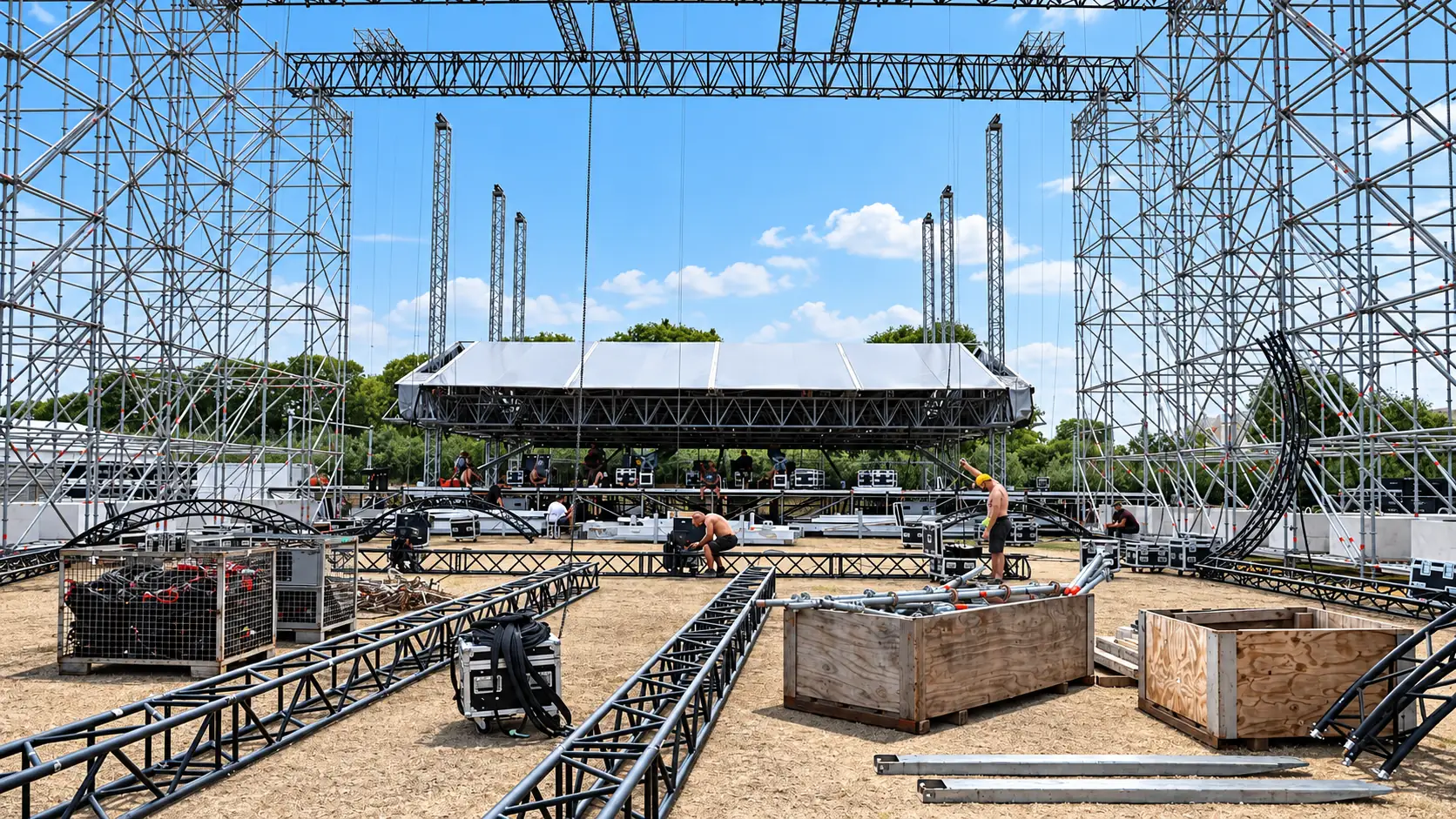 Festivalgelände im Aufbau mit Gerüsttürmen, am Boden ausgelegten schwarzen Traversen, Holzkisten und einem Bühnendach