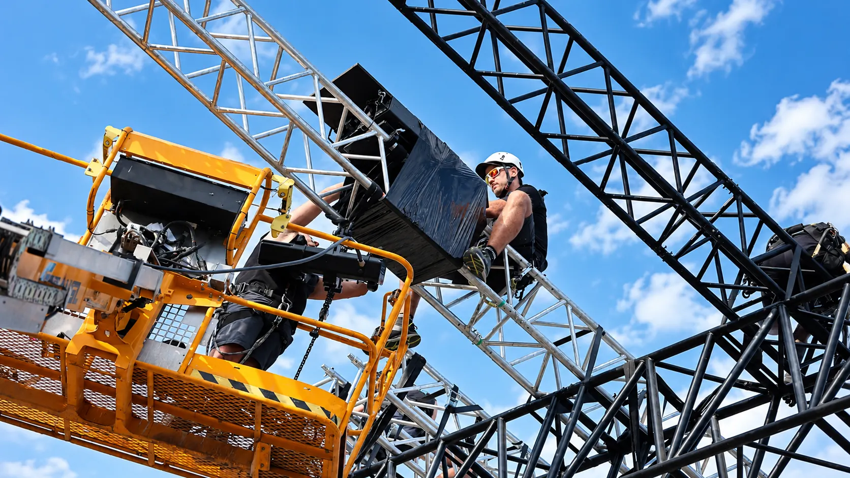 Techniker mit weißem Helm hängt einen schwarzen Lautsprecher an eine Traverse, gestützt von einer gelben Arbeitsbühne