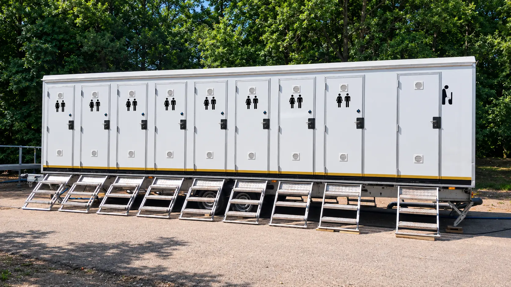 Langer weißer Toilettenwagen mit neun Einzelkabinen, Piktogrammen an den Türen und ausgeklappten Metalltreppen