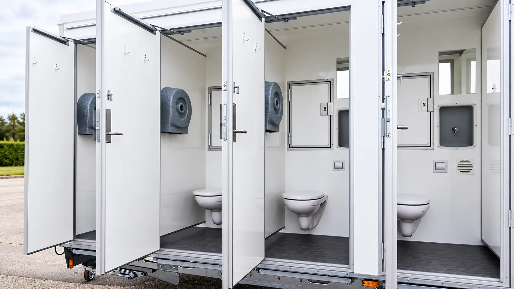 Drei geöffnete Einzelkabinen mit Wand-WC, Papierspender und Handwaschbecken in einem weißen Toilettenwagen