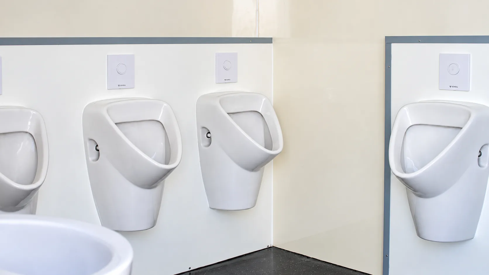 Reihe weißer Keramik-Urinale mit Spülplatten an einer hellen Wand im Herrenbereich einer mobilen Sanitäranlage