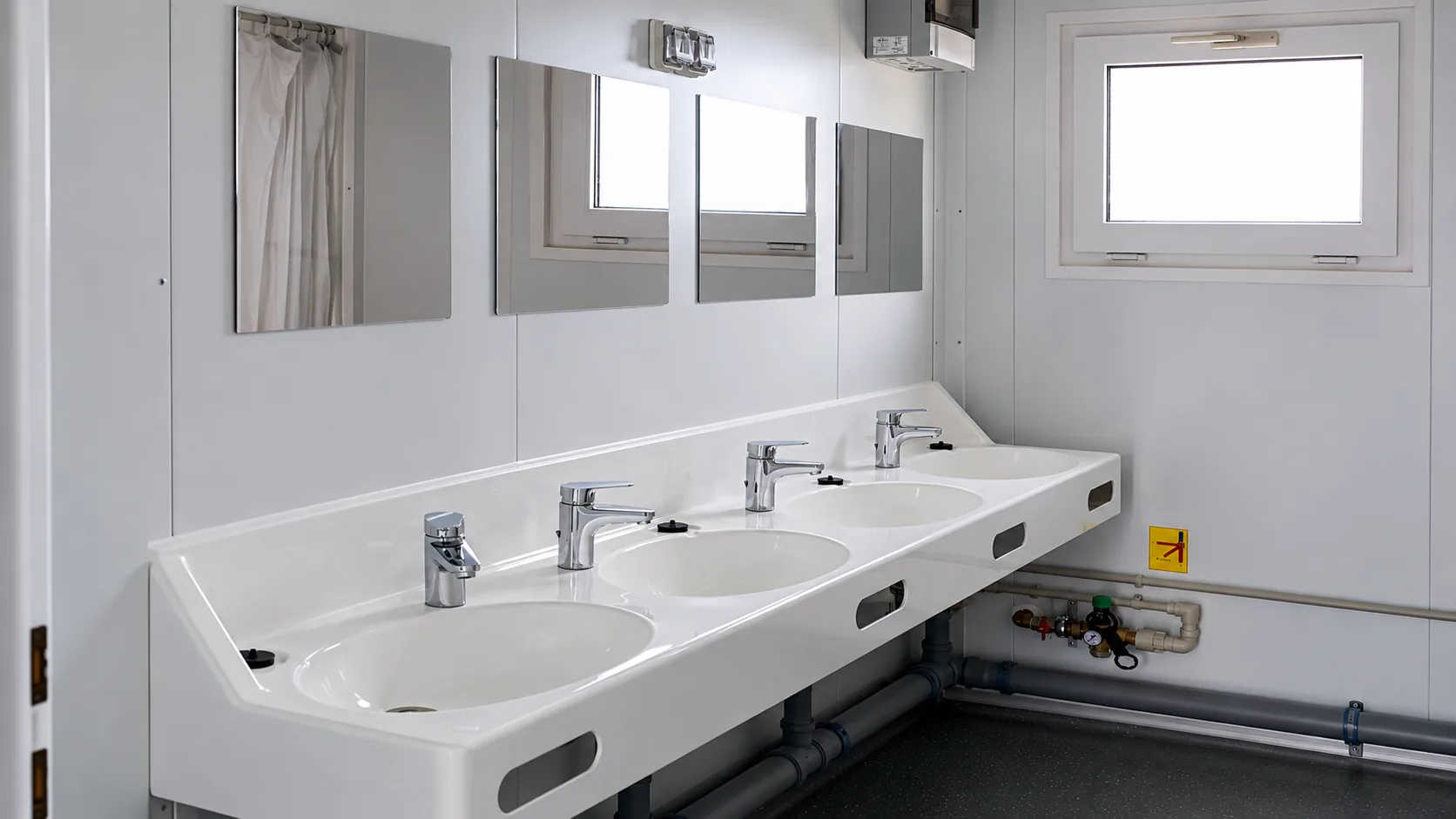 Weiße Waschrinne mit vier Wasserhähnen, Spiegeln und Fenster im Inneren eines Sanitärcontainers